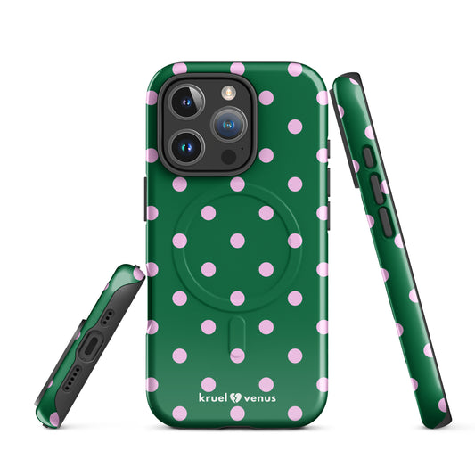 Pink Polka Dots Fun Phone Case in Green MagSafe®