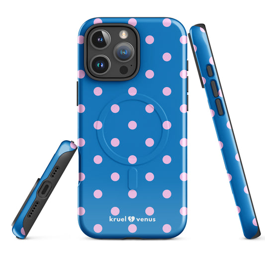 Pink Polka Dots Fun Phone Case in Blue MagSafe®