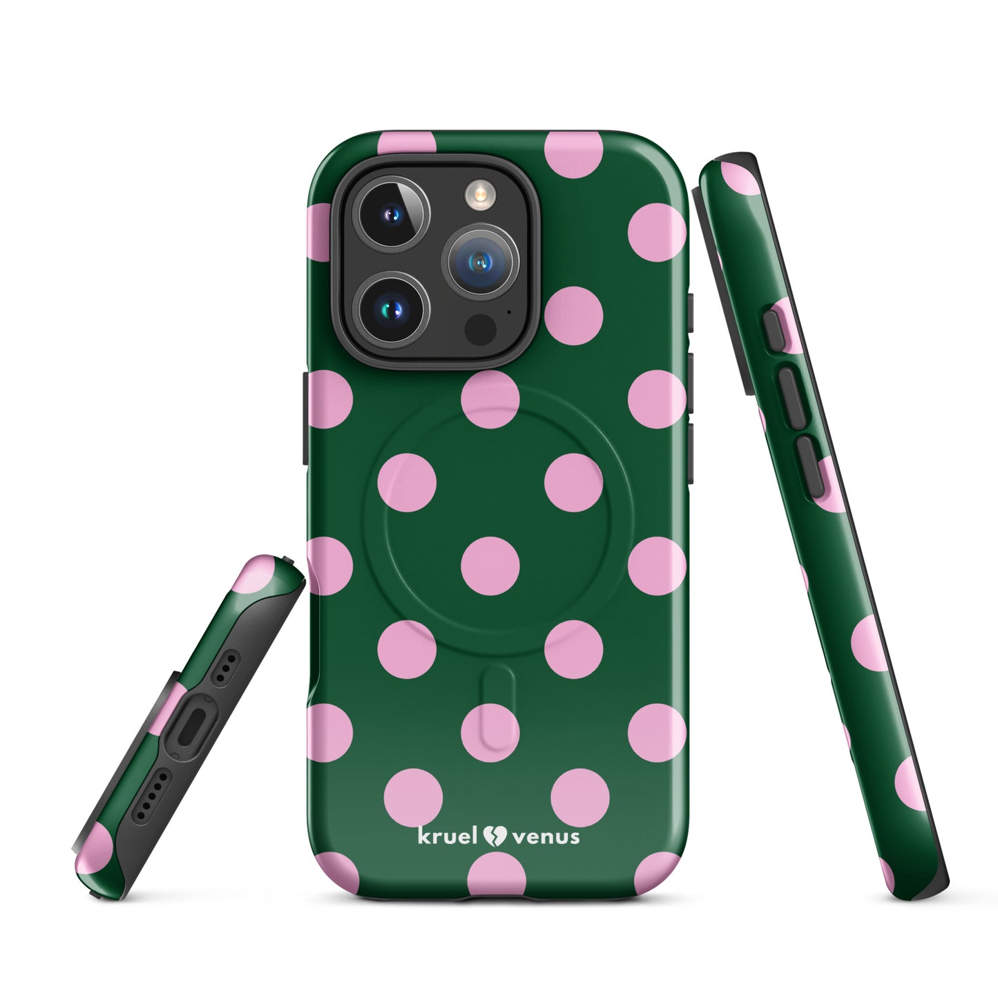 Big Pink Polka Dots Fun Phone Case in Green MagSafe®