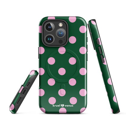 Big Pink Polka Dots Fun Phone Case in Green MagSafe®