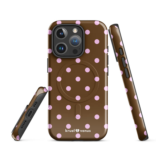 Pink Polka Dots Fun Phone Case in Brown MagSafe®