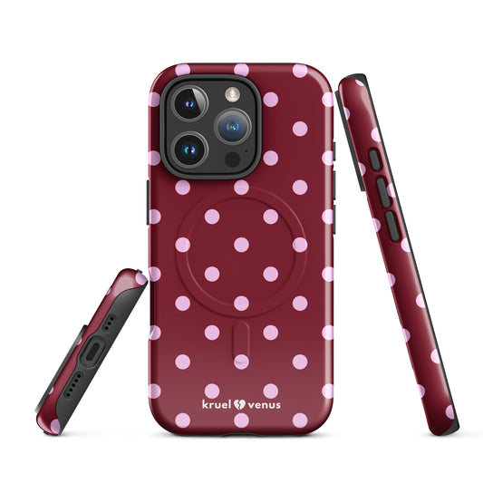 Pink Polka Dots Fun Phone Case in Burgundy MagSafe®