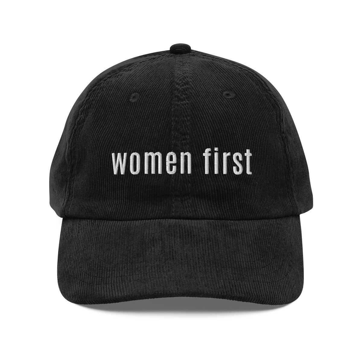 Women First black corduroy hat embroidered front